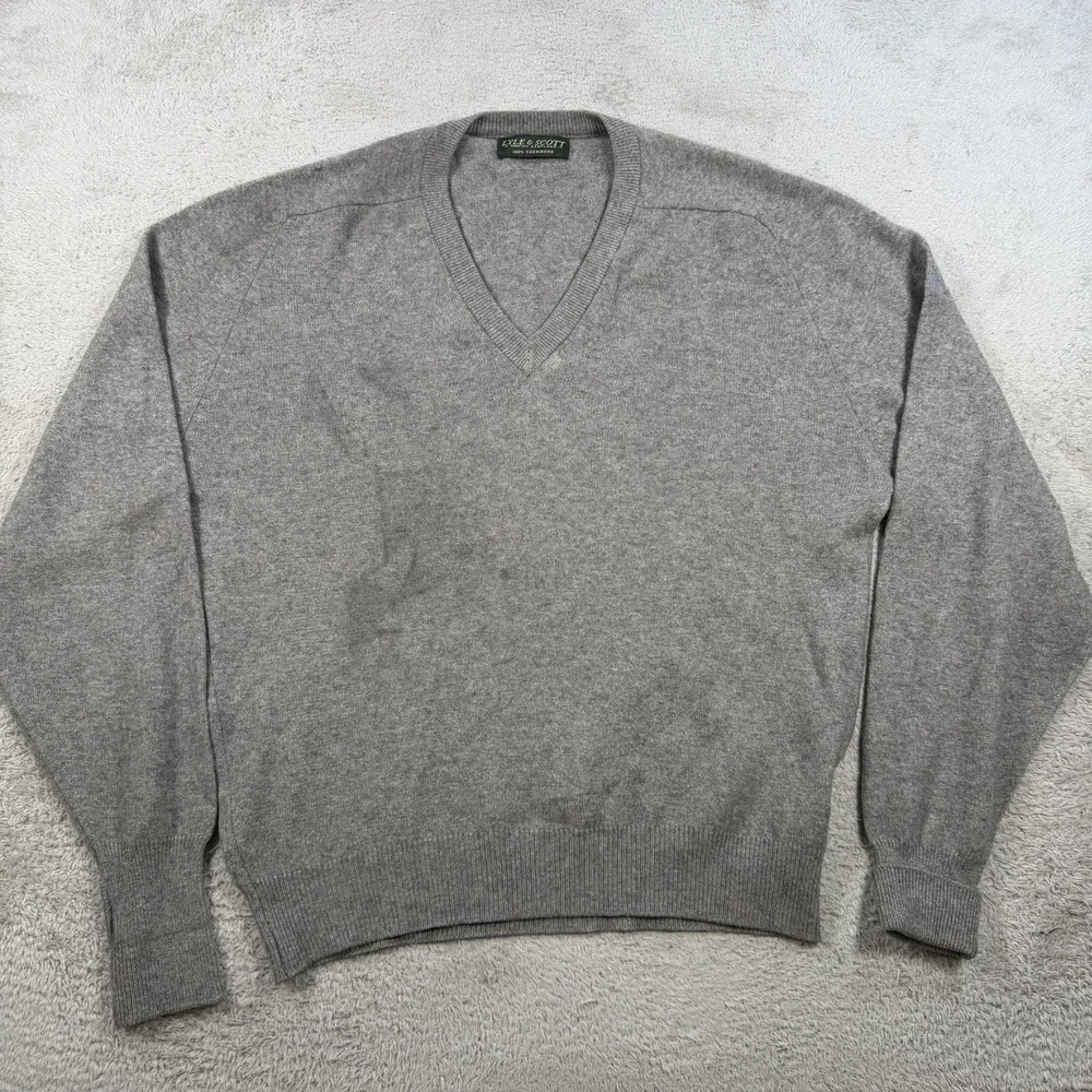 Lyle & Scott Sweater Mens XL Grey 100% Cashmere V-Neck Scotland Pullover Soft